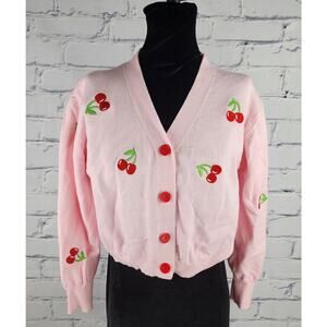 Cherry Sweater Womens S Embroidered Pink 90s Long sleeve cropped Cardigan